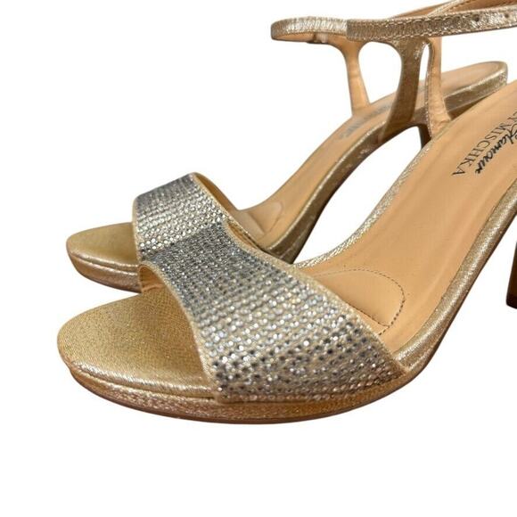 Badgley Mischka American Glamour Womens Rhinestone Gold Ankle Strap Heels sz 6.5 - Picture 8 of 16